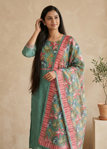 Green Rekha Kantha work Coral silk suit set - Set of 2