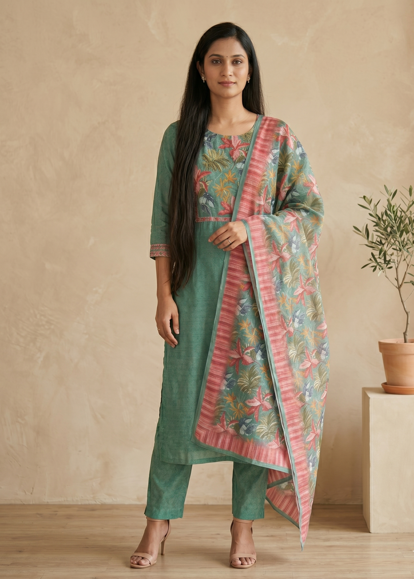 Green Rekha Kantha work Coral silk suit set - Set of 2