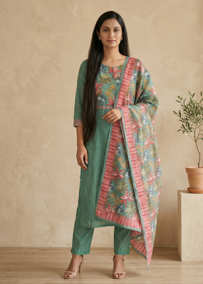 Green Rekha Kantha work Coral silk suit set - Set of 2
