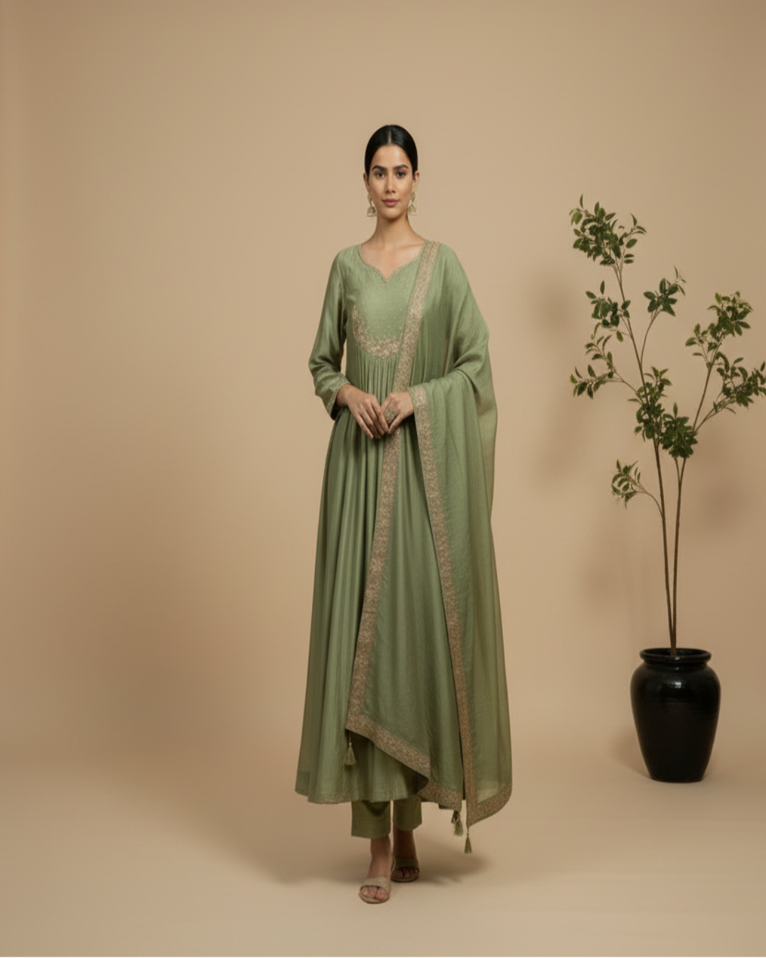 Green Tanvi Mulchanderi Silk A-LINE suit set-3