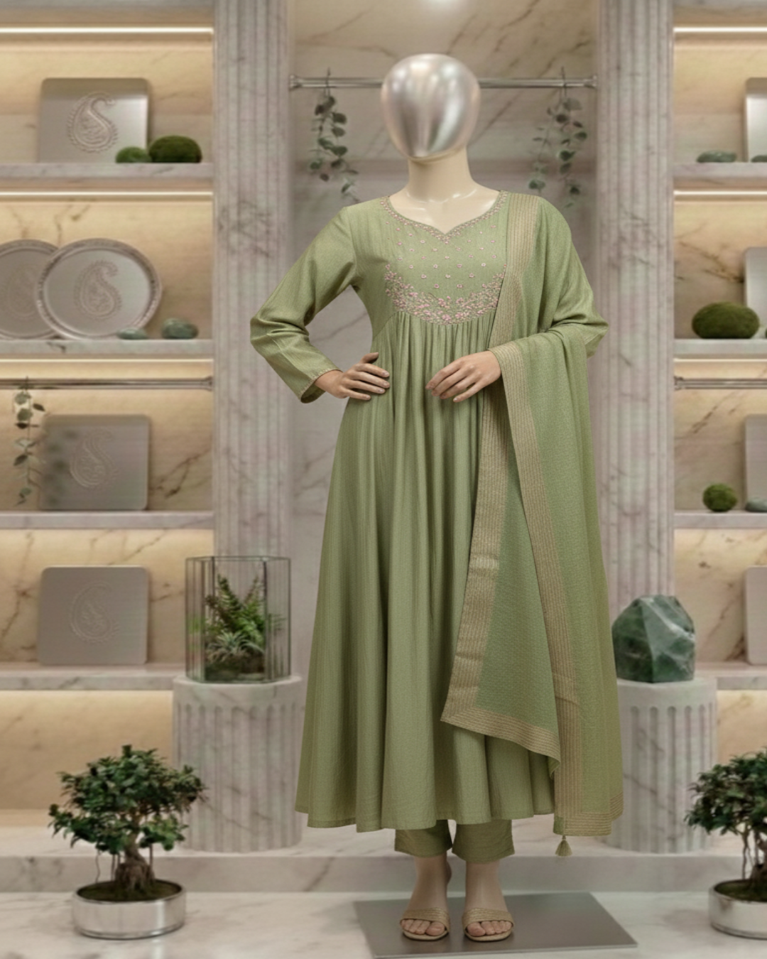 Green Tanvi Mulchanderi Silk A-LINE suit set-3