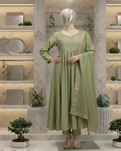 Green Tanvi Mulchanderi Silk A-LINE suit set-3
