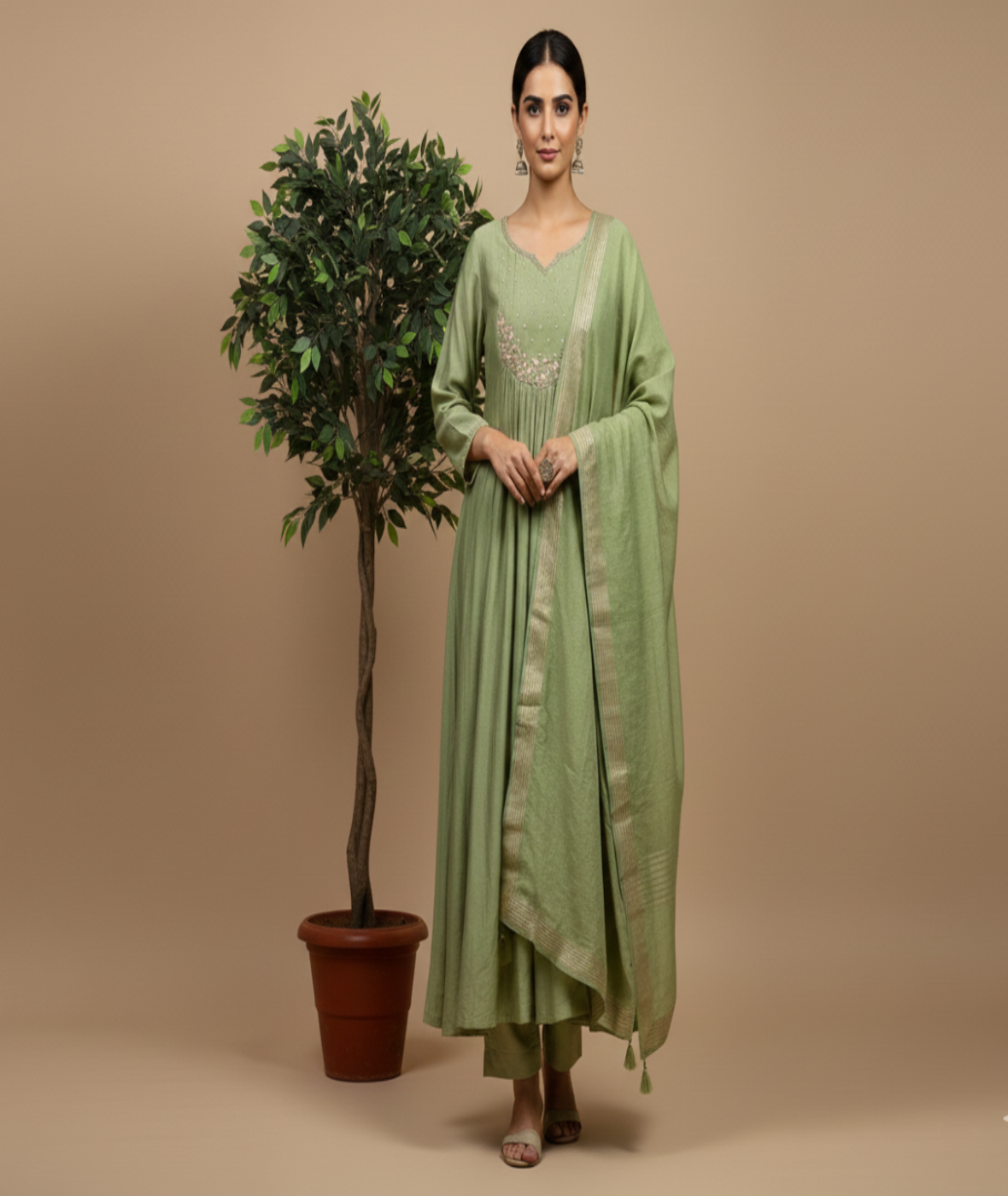 Green Tanvi Mulchanderi Silk A-LINE suit set-3