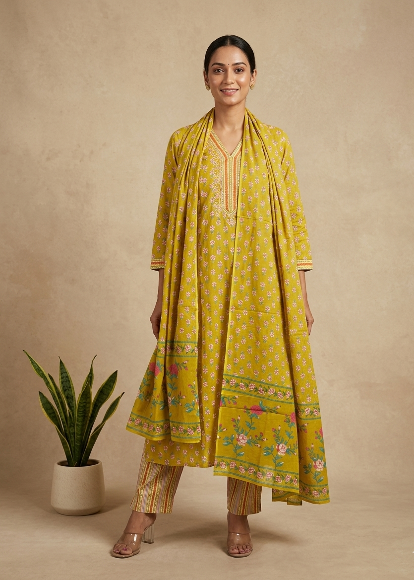 Greenish Yellow Fella Anarkali suit set