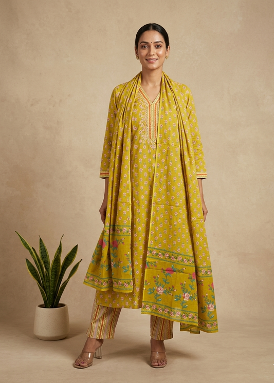 Greenish Yellow Fella Anarkali suit set