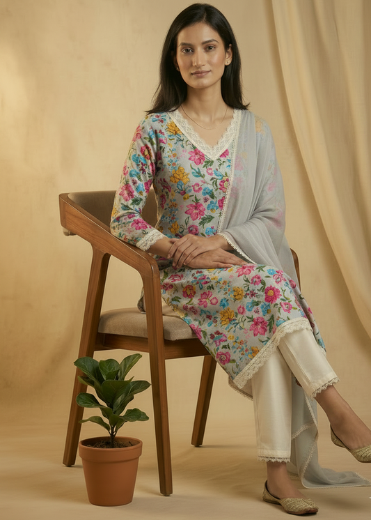 Grey Vija Flex cotton suit set