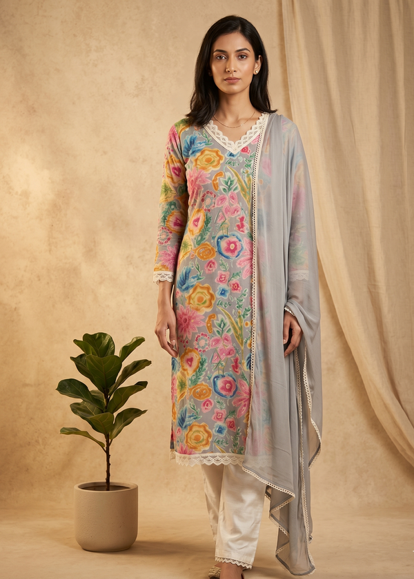 Grey Vija Flex cotton suit set