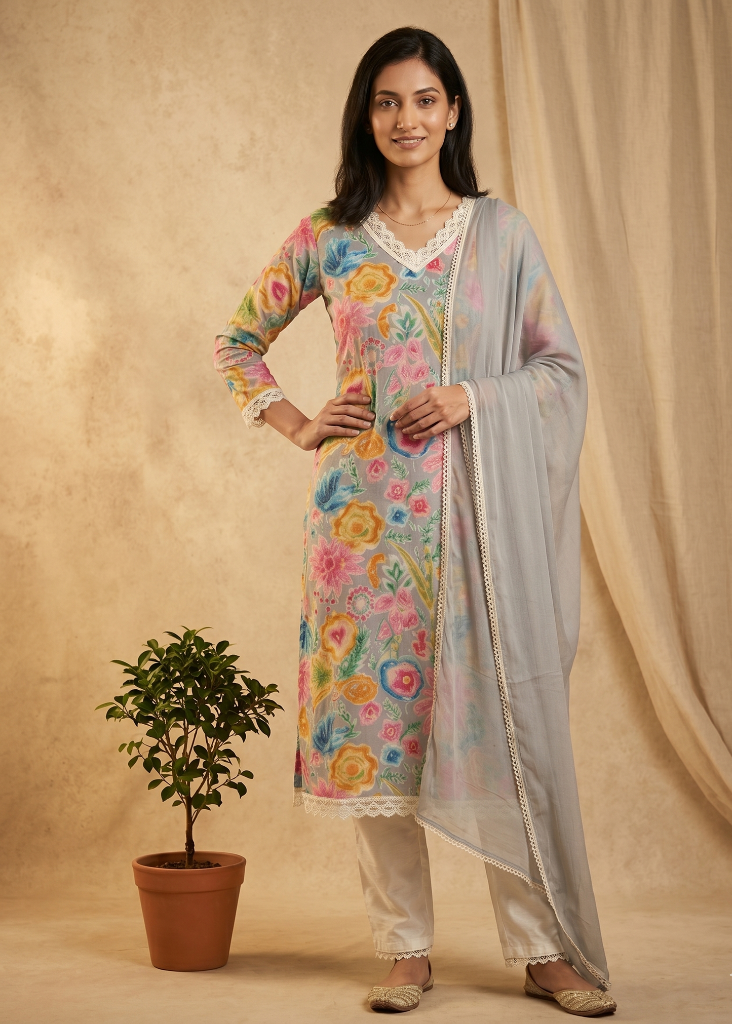 Grey Vija Flex cotton suit set