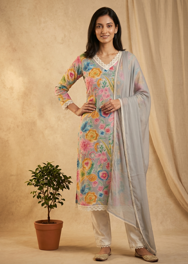 Grey Vija Flex cotton suit set