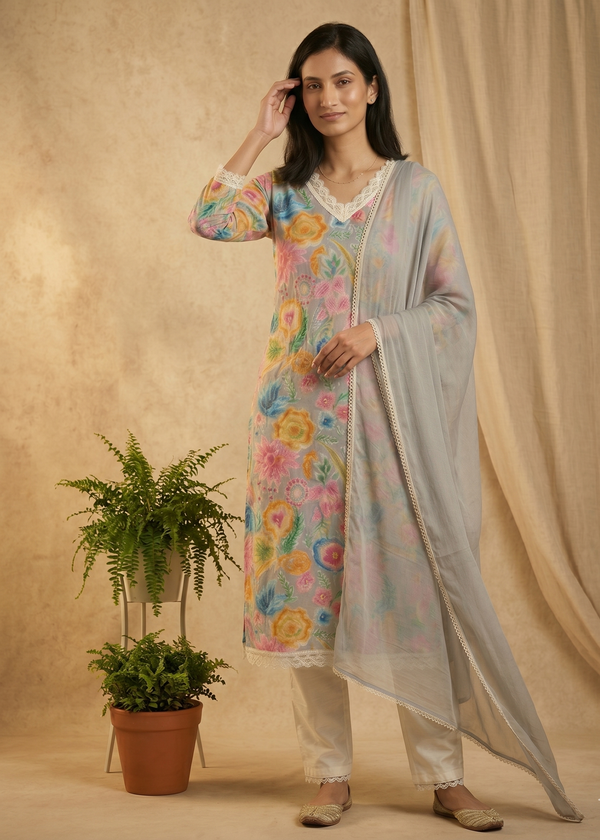 Grey Vija Flex cotton suit set