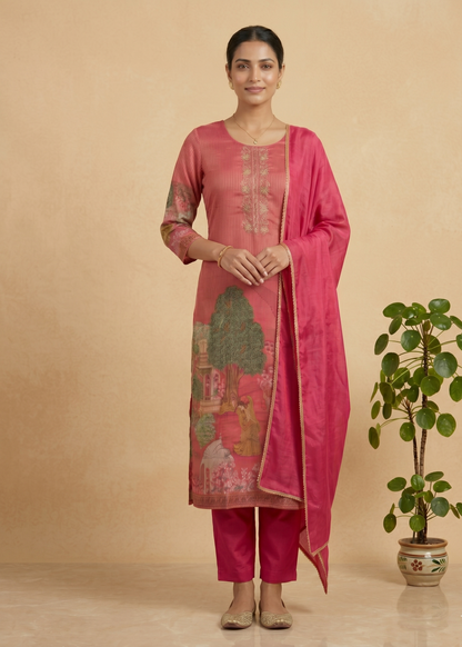 Hot pink Sherin Zari Tissue Pichwai print Suit set - Set of 3