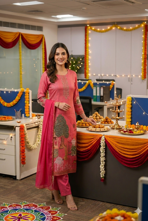 Hot pink Sherin Zari Tissue Pichwai print Suit set - Set of 3