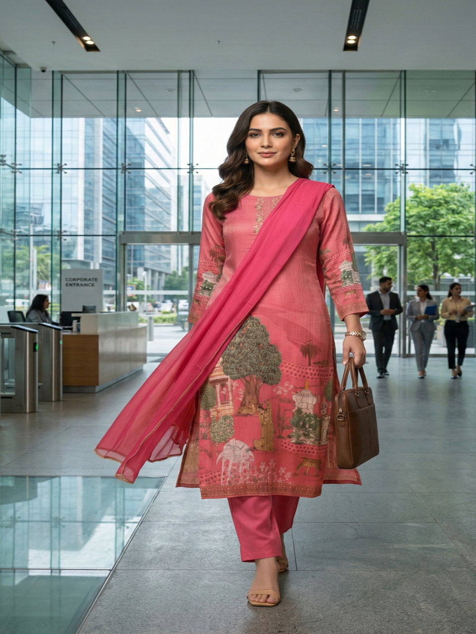 Hot pink Sherin Zari Tissue Pichwai print Suit set - Set of 3