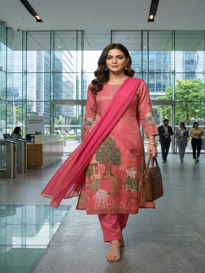 Hot pink Sherin Zari Tissue Pichwai print Suit set - Set of 3