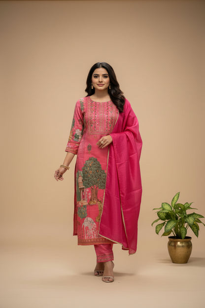 Hot pink Sherin Zari Tissue Pichwai print Suit set - Set of 3