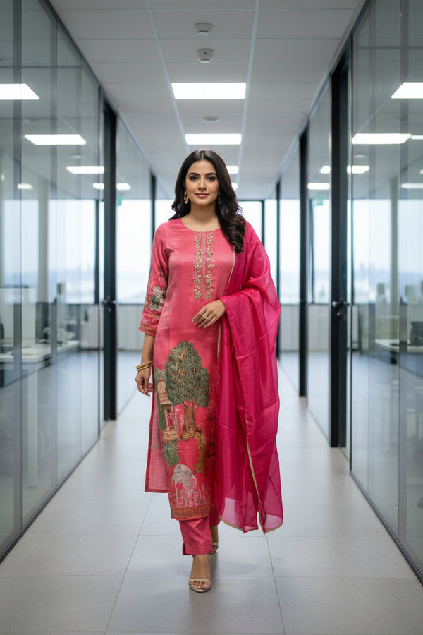 Hot pink Sherin Zari Tissue Pichwai print Suit set - Set of 3