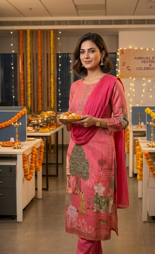 Hot pink Sherin Zari Tissue Pichwai print Suit set - Set of 3