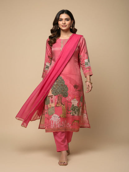 Hot pink Sherin Zari Tissue Pichwai print Suit set - Set of 3