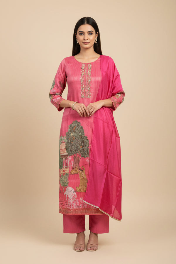 Hot pink Sherin Zari Tissue Pichwai print Suit set - Set of 3