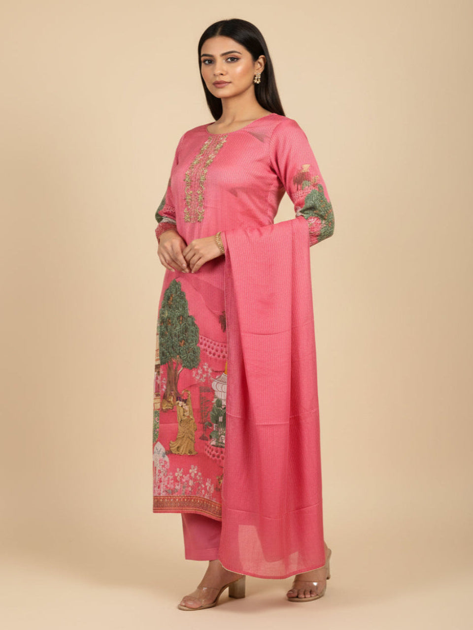 Hot pink Sherin Zari Tissue Pichwai print Suit set - Set of 3