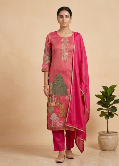 Hot pink Sherin Zari Tissue Pichwai print Suit set - Set of 3