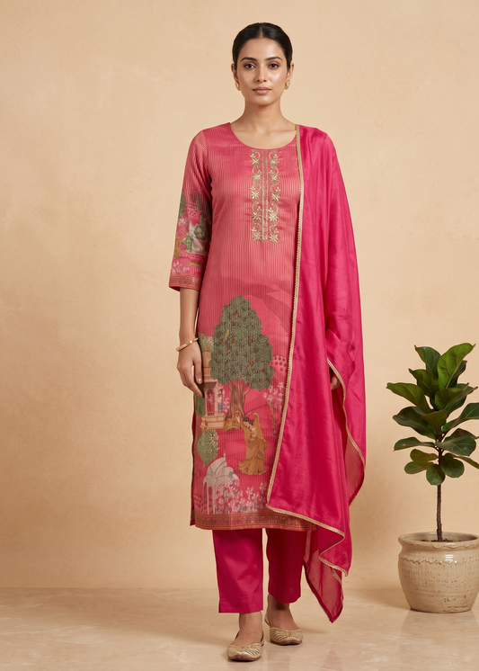 Hot pink Sherin Zari Tissue Pichwai print Suit set - Set of 3