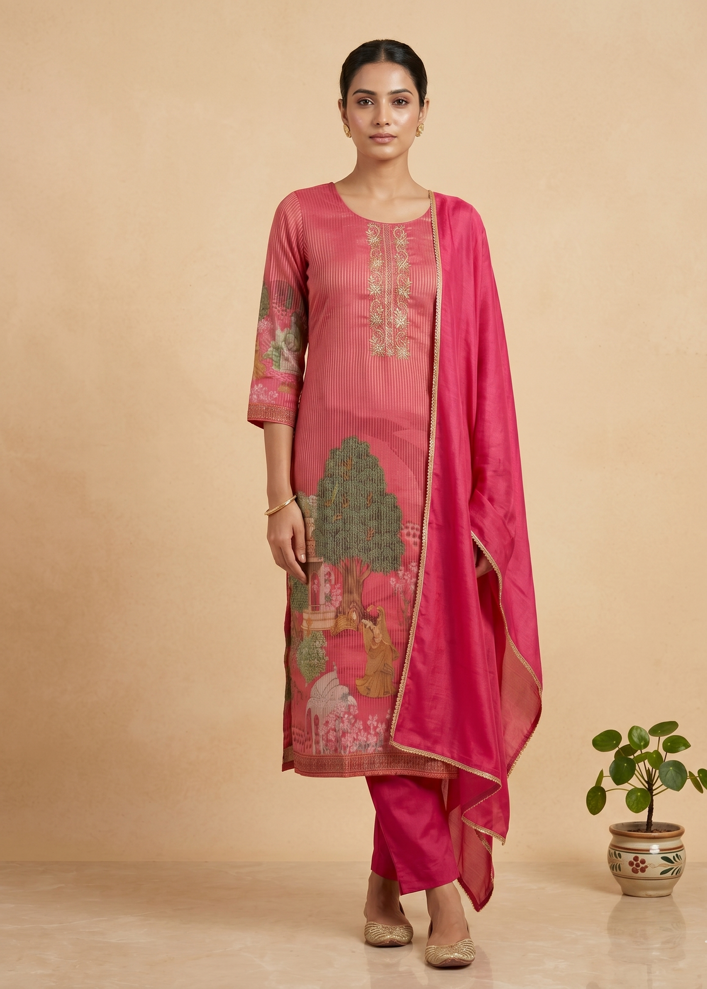 Hot pink Sherin Zari Tissue Pichwai print Suit set - Set of 3