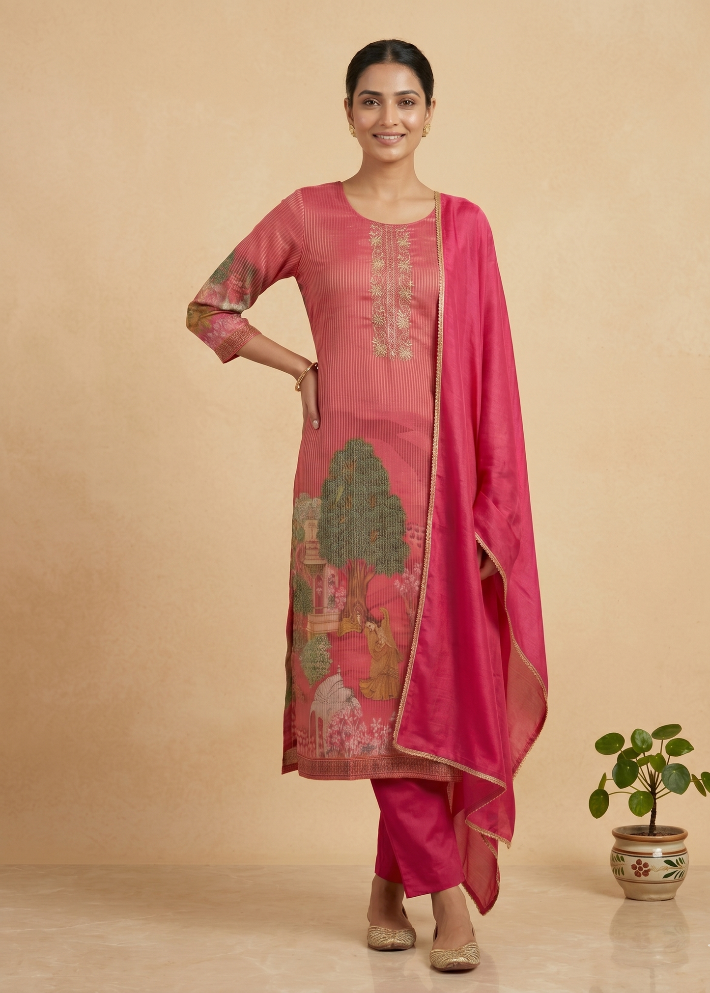 Hot pink Sherin Zari Tissue Pichwai print Suit set - Set of 3