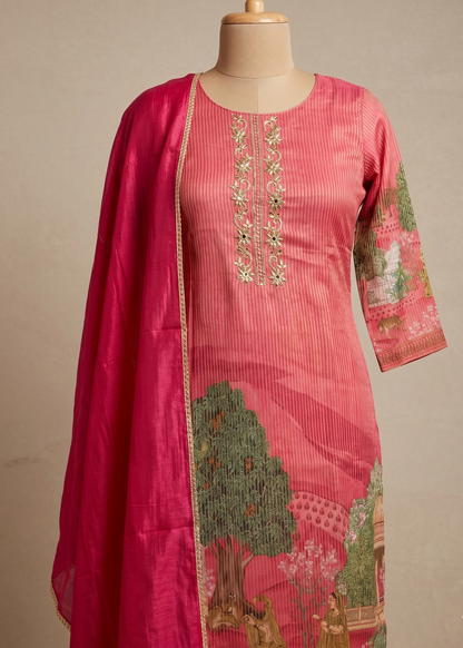 Hot pink Sherin Zari Tissue Pichwai print Suit set - Set of 3