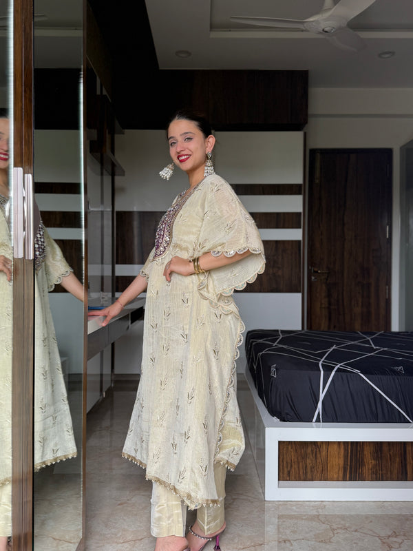 Dull Gold Priyam Tissue silk Kaftan Set