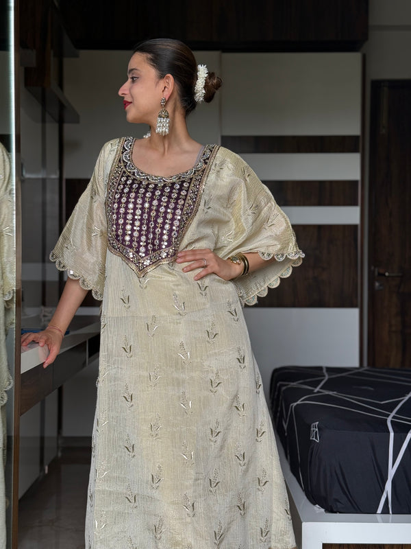 Dull Gold Priyam Tissue silk Kaftan Set