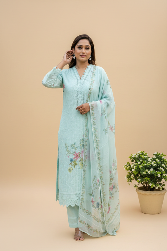 Ice Blue Schiffli Cotton suit set