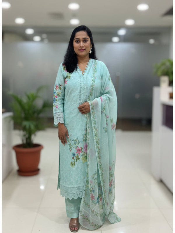 Ice Blue Schiffli Cotton suit set