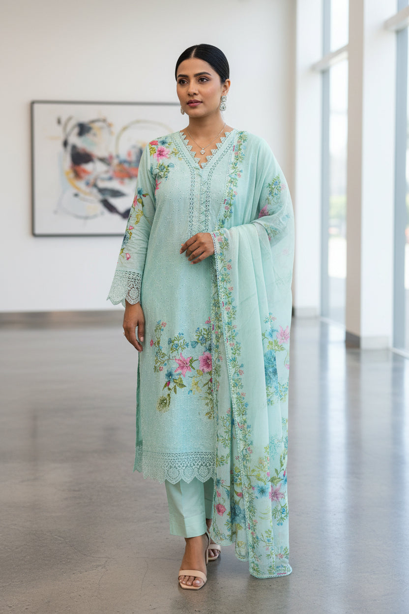 Ice Blue Schiffli Cotton suit set
