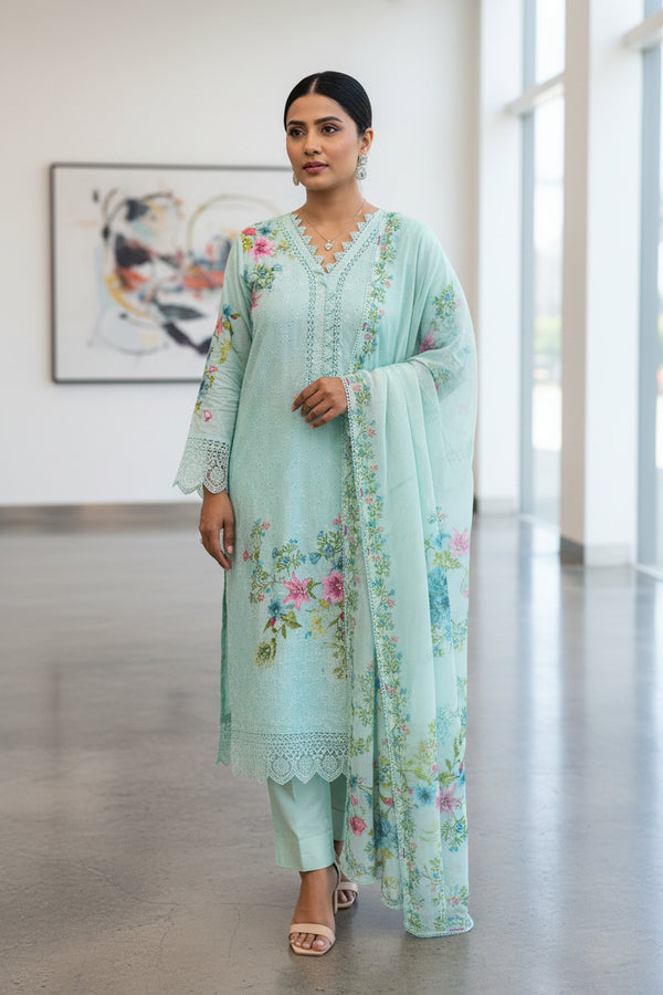 Ice Blue Schiffli Cotton suit set