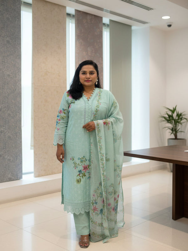 Ice Blue Schiffli Cotton suit set