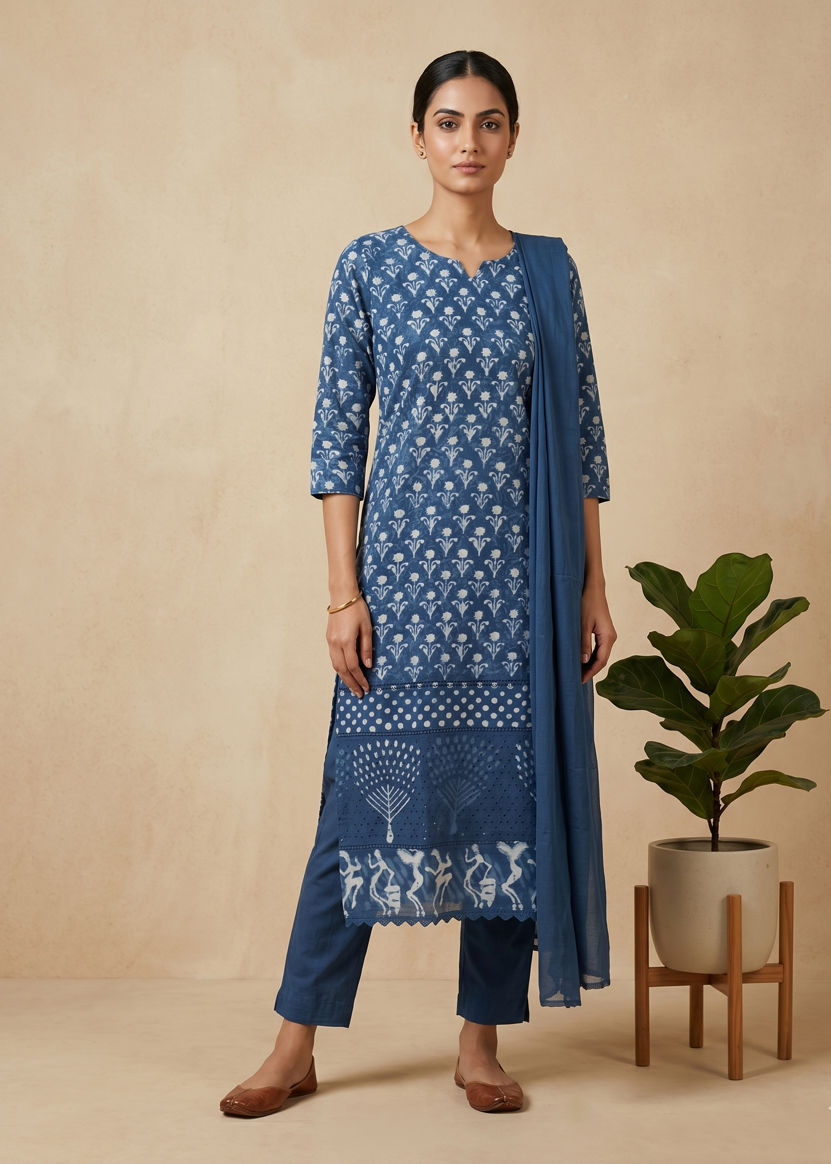 Indigo Vina Cotton Schiffli Suit Set – Women’s 3 Piece Embroidered Kurta Pant Dupatta Set for Festive & Casual Wear