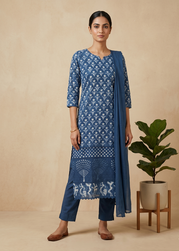 Indigo Vina Cotton Schiffli Suit Set – Women’s 3 Piece Embroidered Kurta Pant Dupatta Set for Festive & Casual Wear