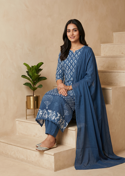 Shop Indigo Cotton Schiffli Suit Sets at Best Price