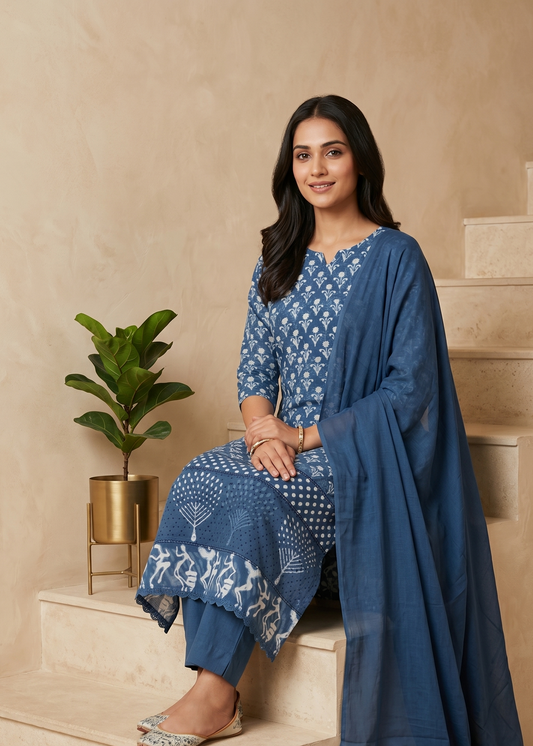 Shop Indigo Cotton Schiffli Suit Sets at Best Price