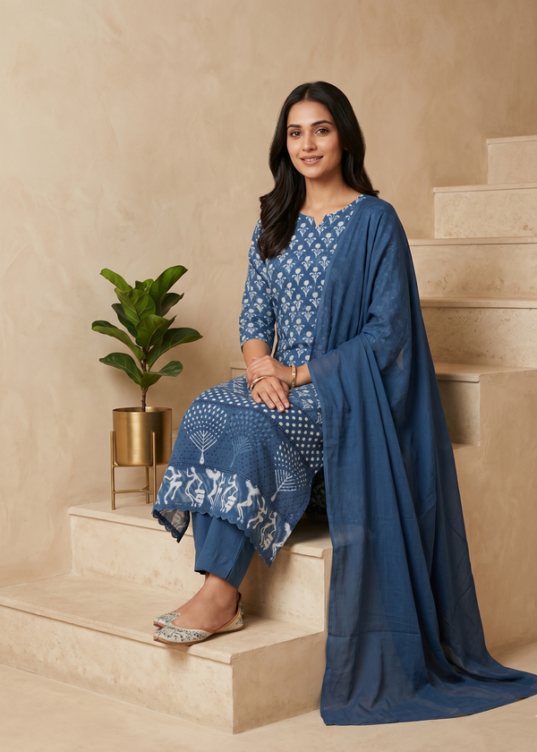 Shop Indigo Cotton Schiffli Suit Sets at Best Price
