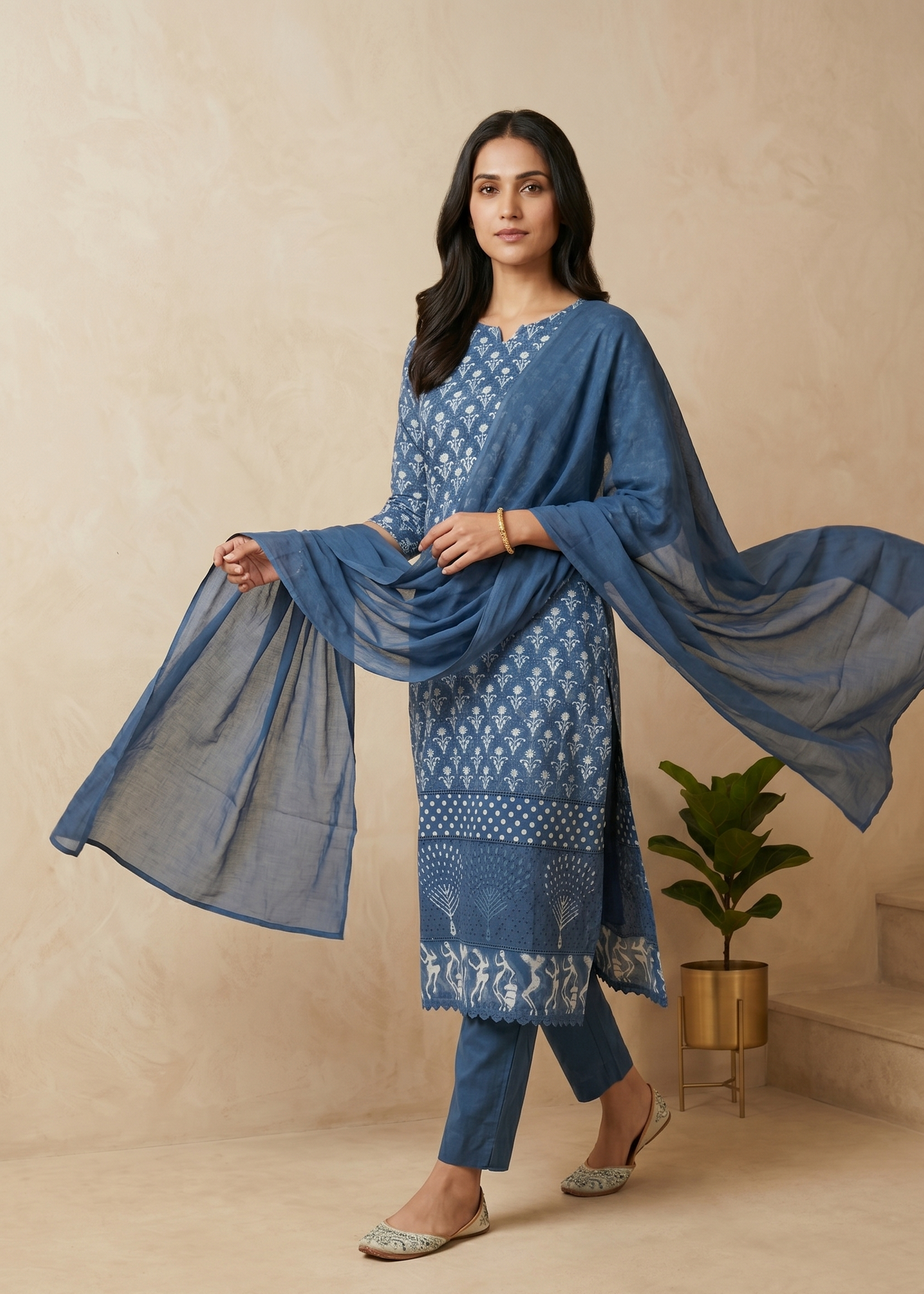 Buy Women’s Indigo Schiffli Kurta Set with Dupatta