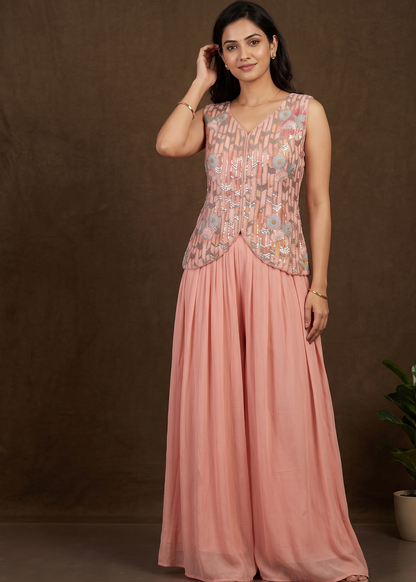 Pastel Pink Rasya Chinon Silk Sharara- Indo Western