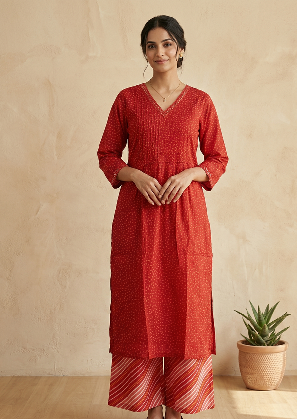Divi Red Bandini cottton Kurta Bottom Set
