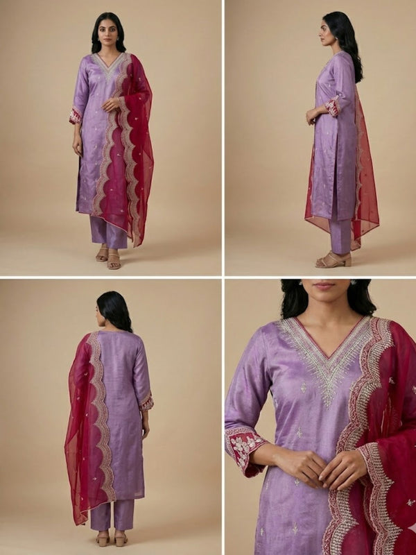 Lavender Pratha Tissue suit set - Set of 3