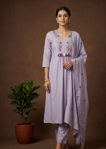 Lavender Roohi Dola Silk Suit Set With Duppata
