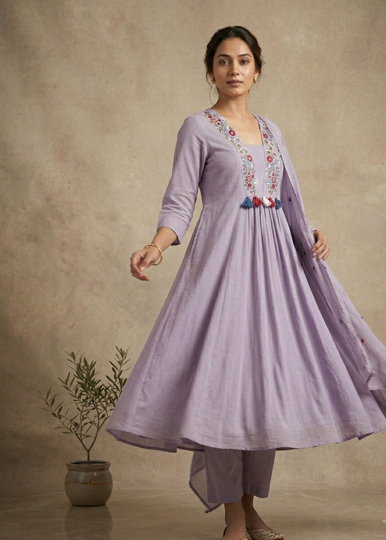 Lavender Roohi Dola Silk Suit Set With Duppata