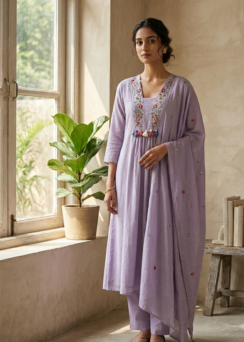 Lavender Roohi Dola Silk Suit Set With Duppata
