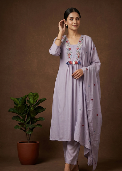 Lavender Roohi Dola Silk Suit Set With Duppata