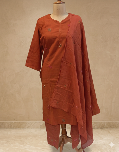 Rust Orange Kesar Slub Cotton Suit set